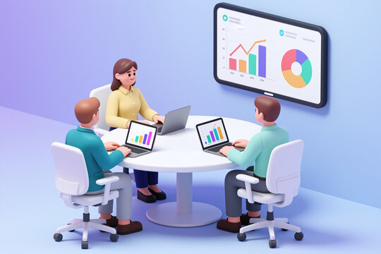 People collaborating around a table, using laptops, with a large screen displaying data visualizations in a modern, minimalist, cartoon style, against a blue background.