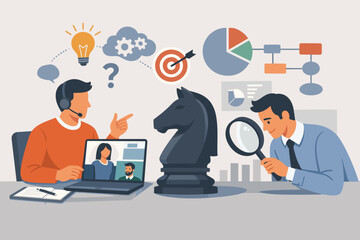 Business Strategy and Online Learning Concept with Professionals Collaborating on Problem Solving, Analysis, and Critical Thinking via Video Conference with Chess Knight and Data Visualization.
