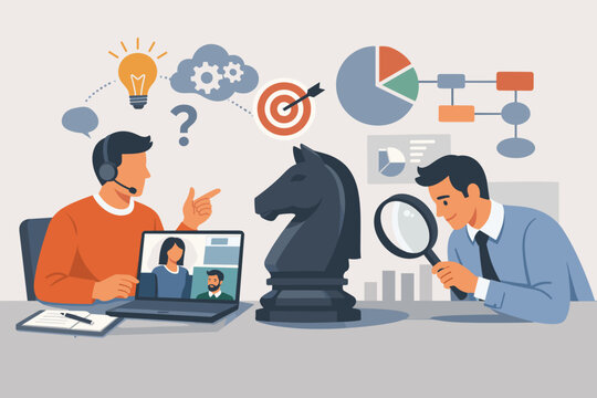 Business Strategy and Online Learning Concept with Professionals Collaborating on Problem Solving, Analysis, and Critical Thinking via Video Conference with Chess Knight and Data Visualization.