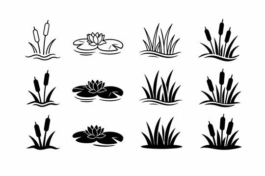 Set of black aquatic plant icons featuring cattails, water lilies with lily pads, and marsh grass vegetation in minimalist outline and solid silhouette styles for nature and pond design projects.