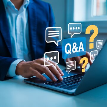 A person typing on a laptop with q and a symbols overlaid on the image.