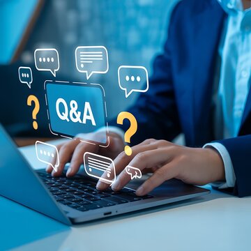 A person typing on a laptop with q&a icons and question marks floating above the keyboard.