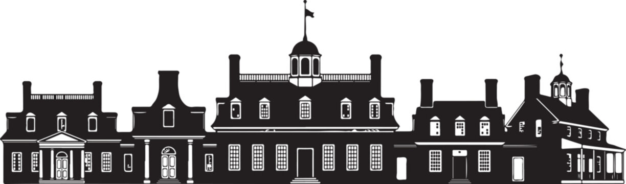 Black silhouette, colonial house, building facade, vector illustration, architectural design element