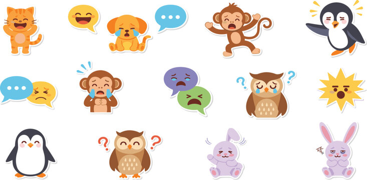 Cute Animal Emotions Sticker Illustration Set Featuring Happy Sad Angry Crying Expressions Cartoon Characters Collection