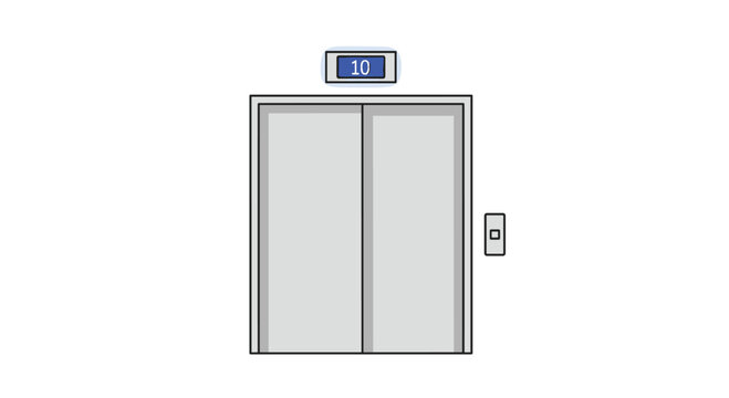 A closed modern elevator door with a digital display above showing the number ten in a glowing blue box against a clean and bright white background area.