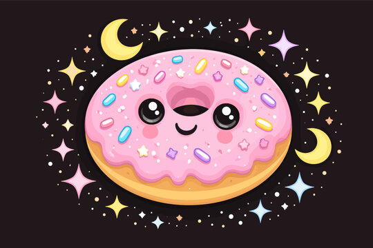 Cute kawaii pink donut vector illustration with a happy smiling face and colorful sprinkles, floating in a magical space with crescent moons and twinkling stars on a dark background for design.