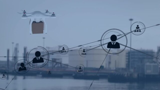 Network of profile icons and drone carrying a delivery box against port