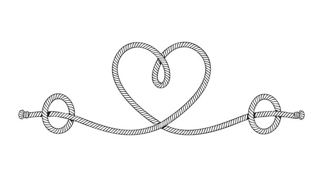 Rope heart knot with tied loops vector illustration, marine cord love symbol, decorative divider