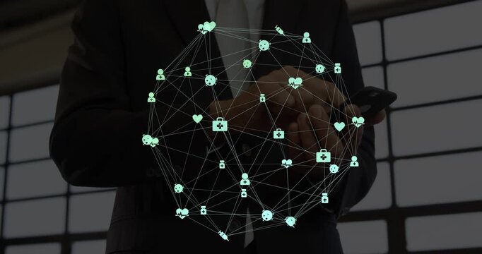 Animation of network of connections over businessmen using smartphone