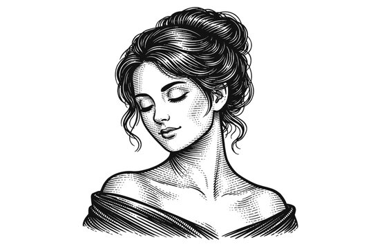 Vintage engraving vector illustration of an elegant young woman with closed eyes and a soft serene expression, classical portrait of a beautiful girl with a bun hairstyle, romantic sketch.