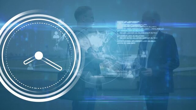 Animation of moving clock over data processing and globe