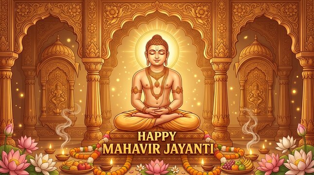 Mahavir jayanti sacred temple scene with serene mahavir meditation statue and radiant divine aura symbolizing jain spirituality wisdom peace nonviolence devotion harmony