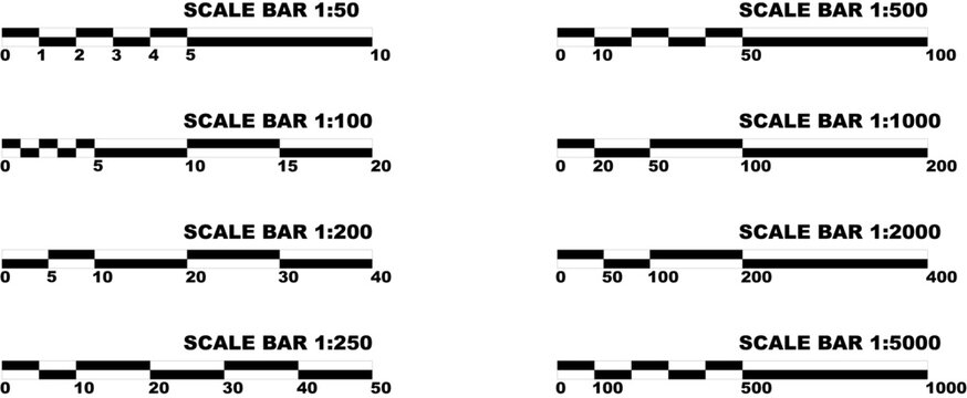 Technical architectural scale bars showing various ratios from 1:50 to 1:5000 for measuring distances on blueprints and engineering drawings in black and white.