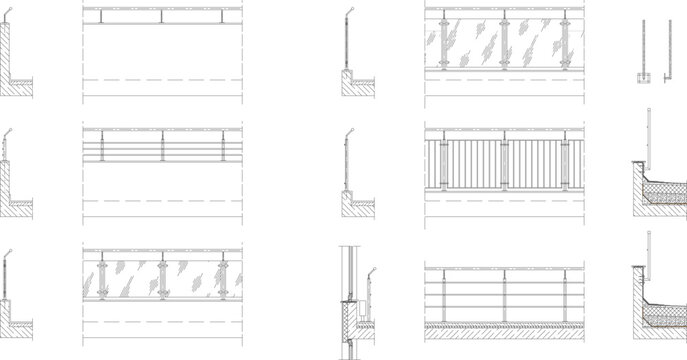 Technical architectural drawing set showing various railing and balustrade details including glass panels, vertical slats, and cable systems in elevation and section views.