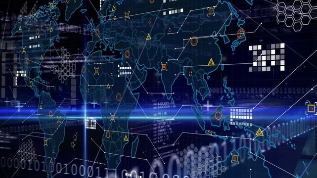 Animation of world map over data processing and light trails on black background