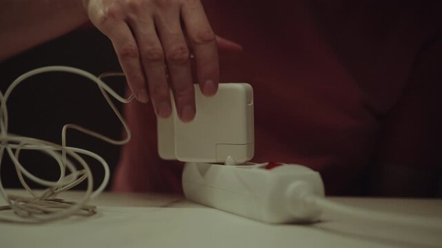 Male hands connecting white power adapter to extension cord on white table, providing electricity to charge laptop computer battery and ensuring continuous workflow, close-up. Shooting in slow motion.
