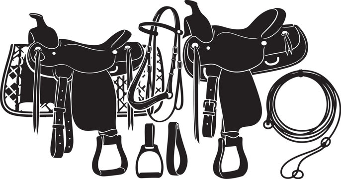 Western horse saddles, riding equipment, black icons, vector graphics, horse riding gear, saddle sets