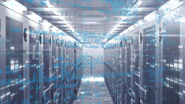 Animation of data processing and mosaic squares over empty computer server room