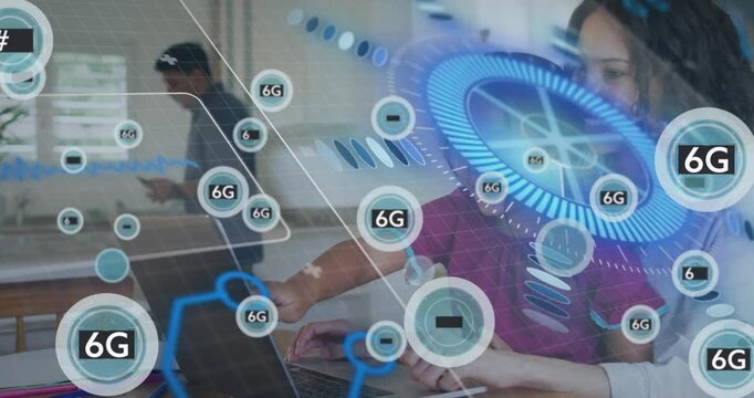 Animation of network of connections with icons over business people using phone headsets