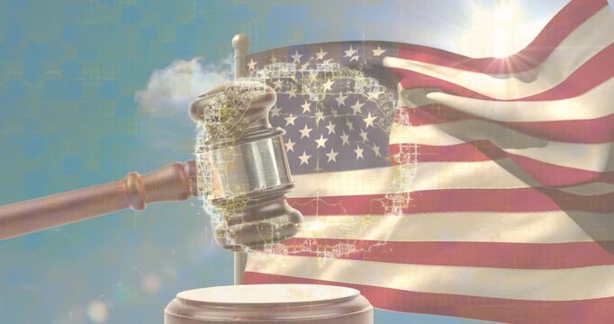 Animation of digital brain over gavel and flag of usa