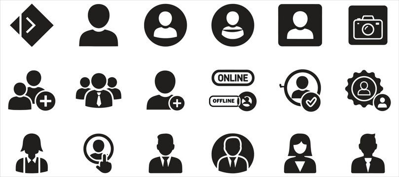 Black silhouette icons set people profiles communication and user interface elements in a minimalist style