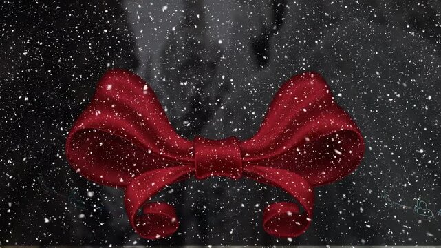 Animation of snow falling over red christmas bow and winter landscape