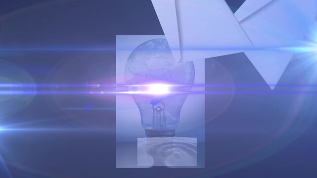 Animation of light trails over shapes and light bulb with swipe up text on black background