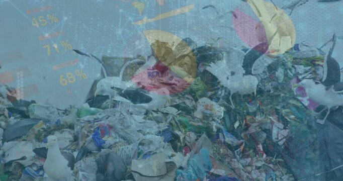 Video shows birds over landfill trash with vehicles under stormy sky in slow motion.