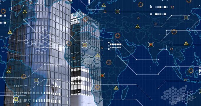 Digital animation of financial data processing over world map against construction site