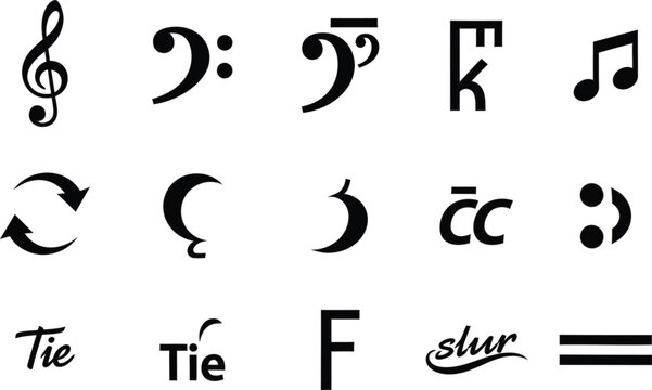 Musical symbols collection treble clef bass clef notes and various musical markings silhouette