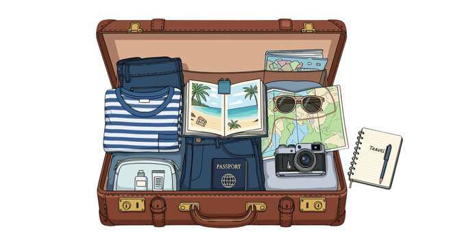 Open vintage suitcase filled with travel essentials and accessories