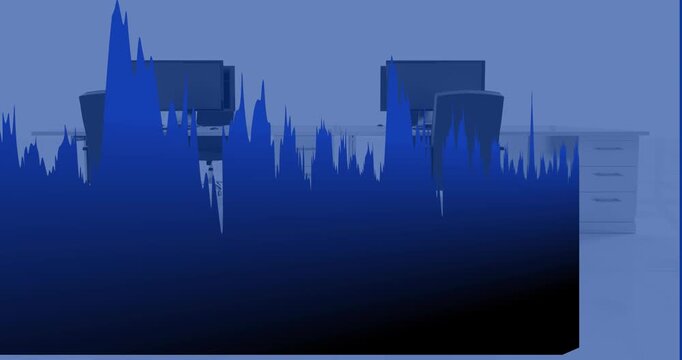 Animation of statistical data processing over 3d office desks model against blue background