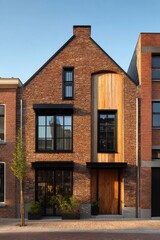 Naklejka premium Brick house with wooden elements and large windows located in a modern urban area during the day showing clear skies and surrounding buildings