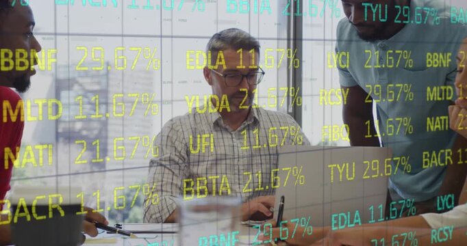 Animation of stock financial data over diverse businesspeople in office