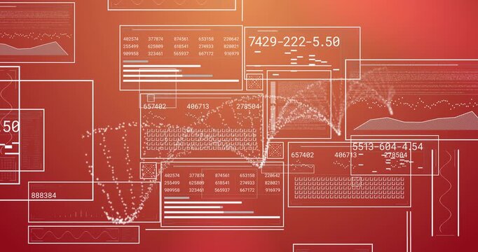 Animation of dna strand spinning and data processing on red background