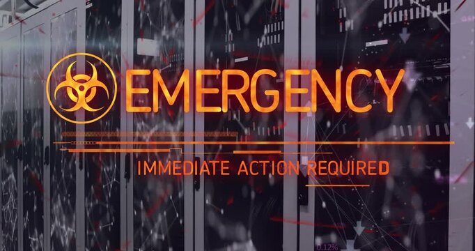 Animation of biohazard symbol and emergency text banner against computer server room