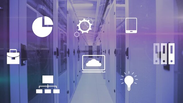 Animation of digital icons over empty office