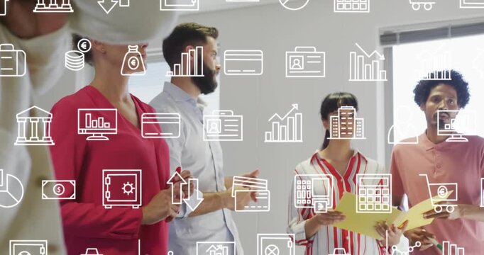 Animation of multiple icons over diverse coworkers sharing ideas in meeting at office