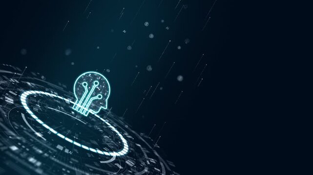 Motion graphic of artificial intelligence, human head and neural interface on a futuristic HUD platform, with glowing data trails designed for technology marketing video.