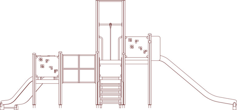 Technical architectural drawing showing a front elevation of a children's playground structure featuring dual slides, climbing walls, and a central tower with a ladder.