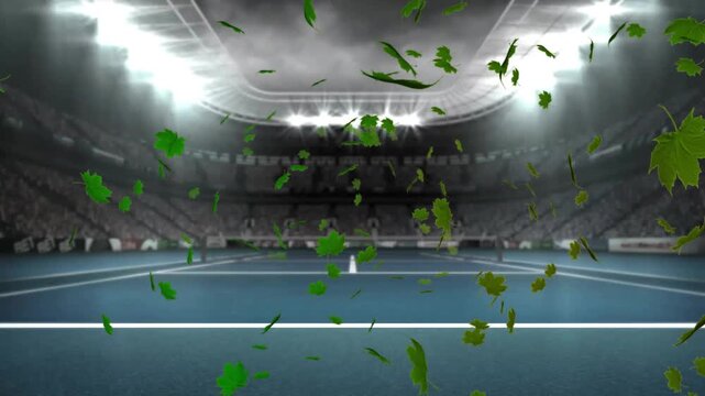 Animation of multiple leaves over tennis court and lights on roof of stadium against cloudy sky