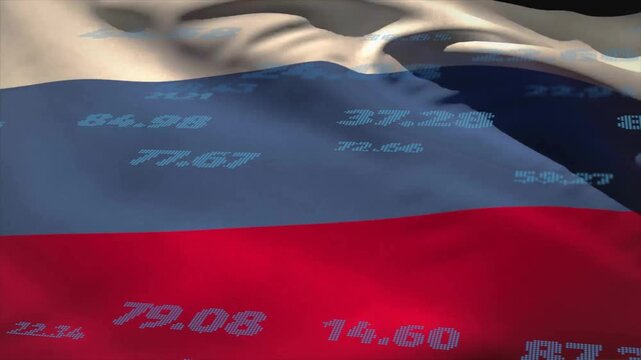 Animation of financial data processing over flag of russia
