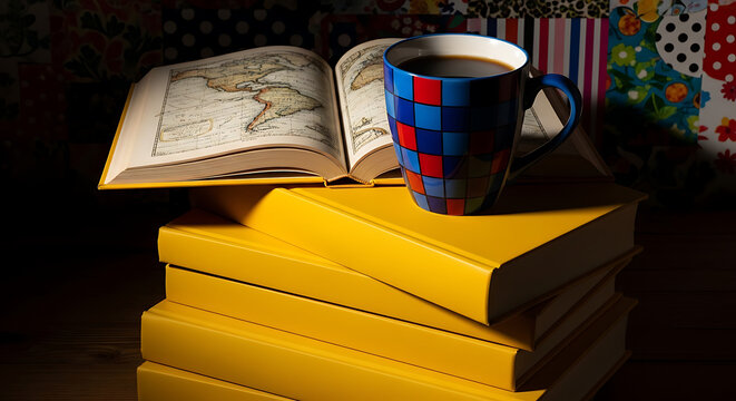 A cozy scene with a stack of yellow books, an open map book, and a checkered mug of coffee.