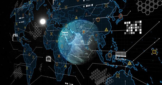 Animation of data processing over globe and world map