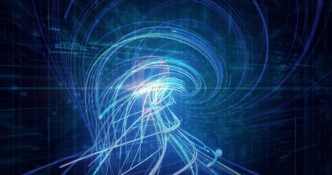 Animation of light trails over data processing and light bulb on black background