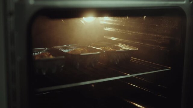 Aluminum foil containers with takeaway food reheating in hot electric oven, with steam and vapor rising as meal cooks, concept convenient and easy home cooking process, close-up, slow motion.