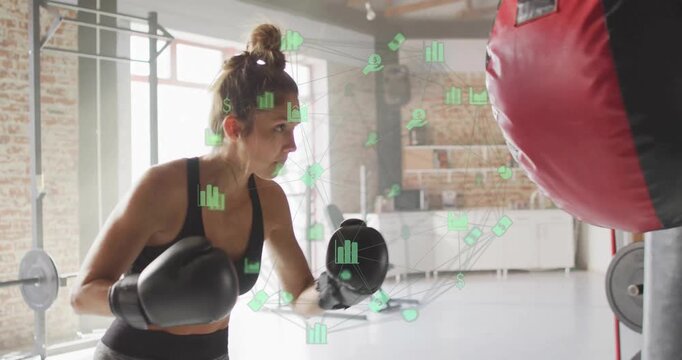 Female boxer entering fitness gym guarding and throwing combos with green overlay tracking data