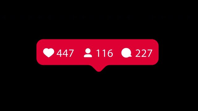 Social media engagement statistics counter animation: likes followers and comments icon. Increasing network viral growth instagram overlay with transparent background MOV alpha