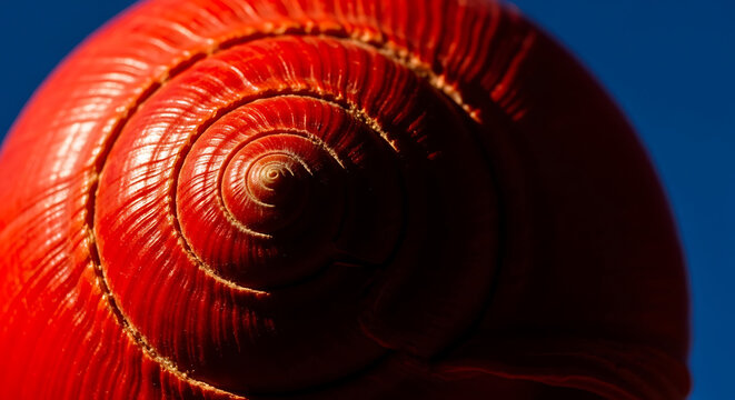 A close-up shot of a vibrant red snail shell with a distinct spiral pattern against a blue background.