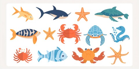 Obraz premium Cartoon ocean animals set illustrating marine life icon collection